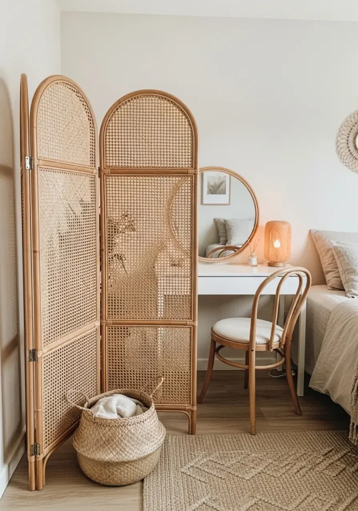 Clean minimal micro studio apartment with a light rattan screen used as a soft room divider near a cozy bed, cream bedding, pale wood furniture, warm beige walls, woven baskets, linen curtains, natural sunlight, feminine neutral styling, calm and airy small space mood.