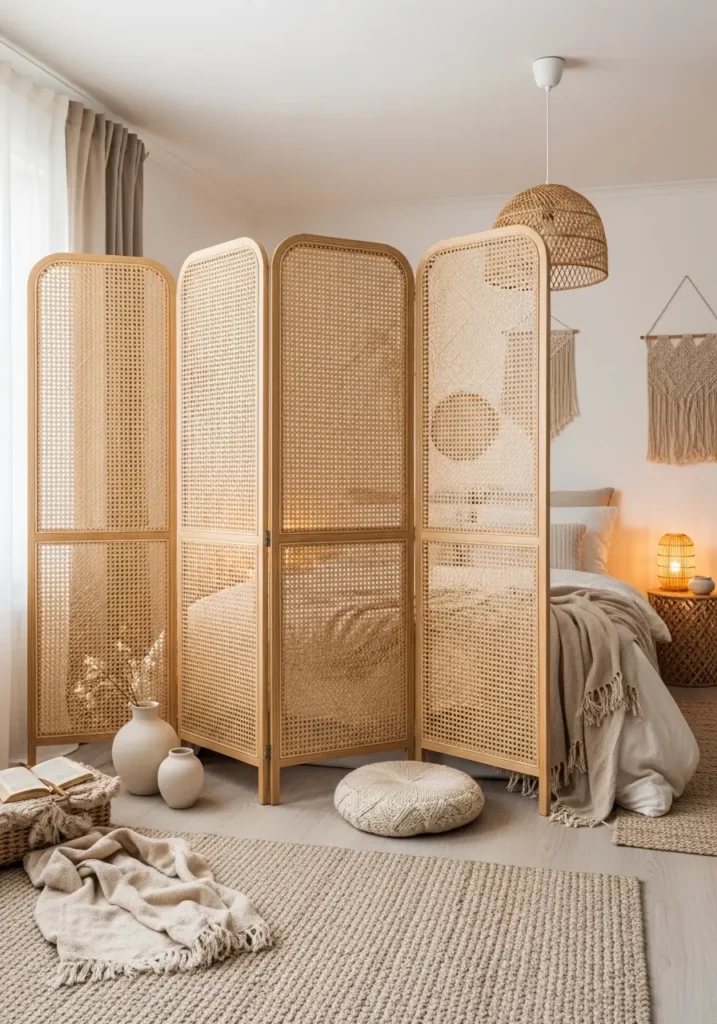 Cozy studio apartment with natural rattan folding screen divider between bedroom and living area, soft cream bedding, beige sofa, light wood floors, woven textures, warm golden lighting, feminine minimal apartment styling, airy neutral decor, realistic interior photography, Scandinavian inspired small apartment, peaceful cozy mood for couples, textured blankets, ceramic decor, clean uncluttered layout, soft natural sunlight, calm romantic apartment atmosphere

