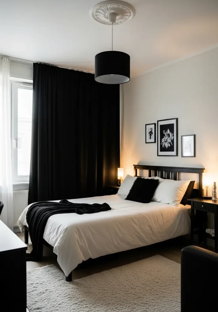Clean minimal goth apartment bedroom with black metal bed frame, cream bedding, raven black curtains, charcoal rug, small dark wood bench, warm wall lights, simple black mirror, soft neutral walls, uncluttered styling, calm cozy feminine gothic room mood.