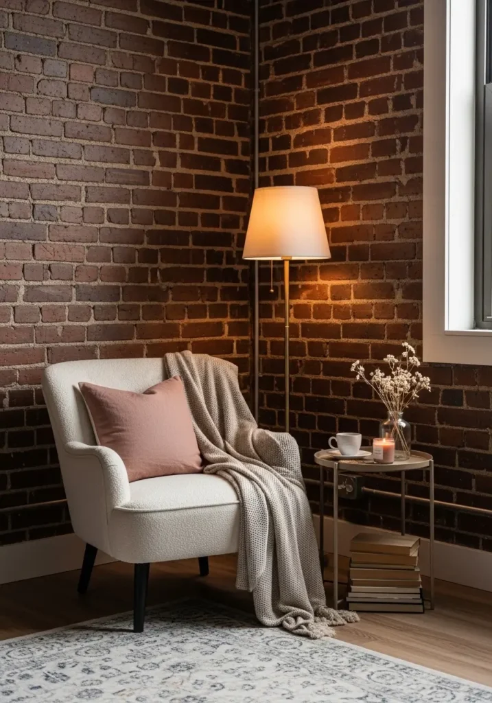 Feminine loft apartment reading corner styled beside a soft brick accent wall, cozy accent chair, warm knit throw, slim floor lamp, tiny side table, stacked books, pale rug, airy natural light, soft blush and cream tones, tall ceiling, city loft charm, realistic interior design photography with calm, inviting, lived in mood for a new home