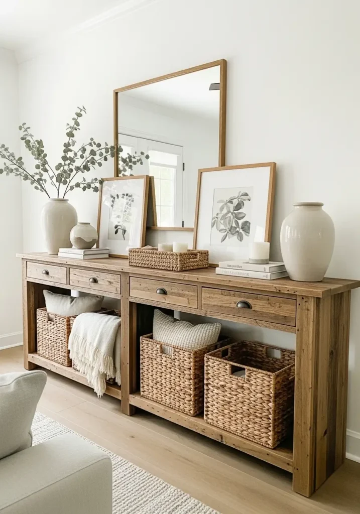 Minimal farmhouse living room with reclaimed wood console table against soft white wall, antique pottery, woven baskets underneath, rustic framed artwork, warm neutral tones, soft natural lighting, vintage farmhouse styling, clean airy layout, subtle greenery, realistic cozy interior photography, layered rustic textures, feminine calm atmosphere, distressed wood grain details, linen curtains, light oak flooring, elegant rustic simplicity

