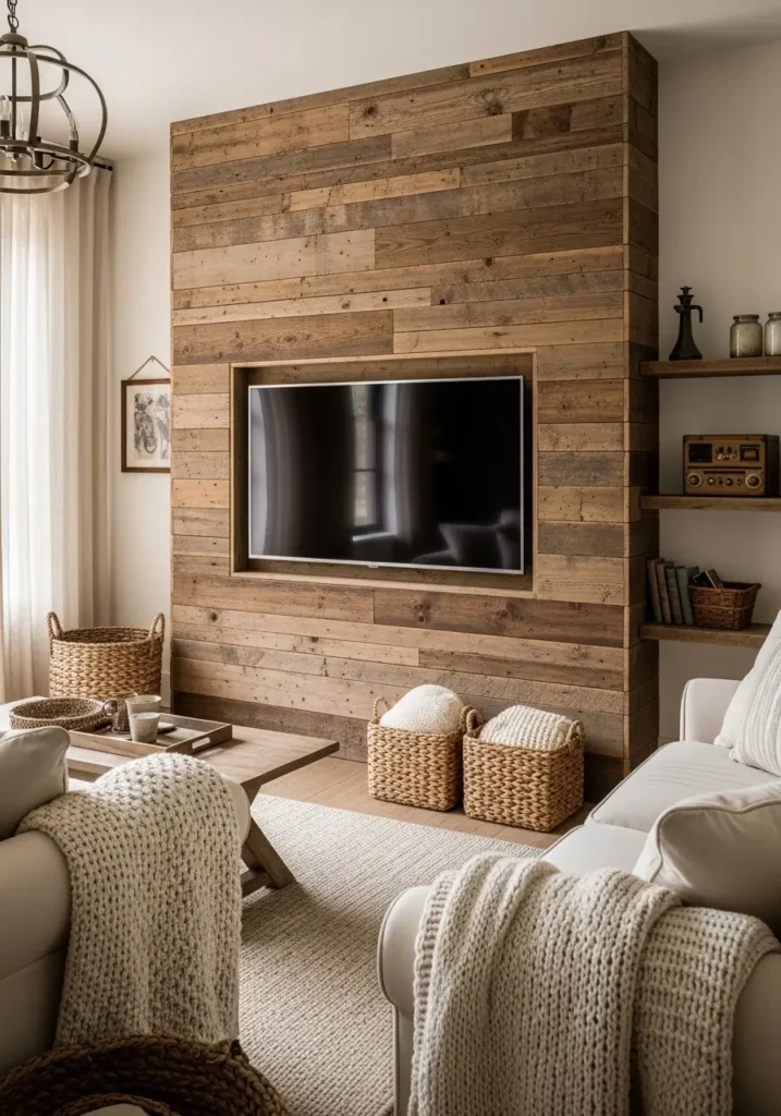 Minimal farmhouse living room with reclaimed wood TV wall, soft beige linen sofa, creamy knit throw blankets, vintage coffee table, warm oak flooring, black flat screen television mounted neatly, woven baskets, soft natural daylight through sheer curtains, muted neutral palette, rustic ceiling beams, cozy layered textures, clean styling, realistic home decor photography, calm and airy atmosphere, elegant farmhouse charm, uncluttered layout, subtle greenery, warm ambient lighting, modern rustic balance, peaceful family living space

