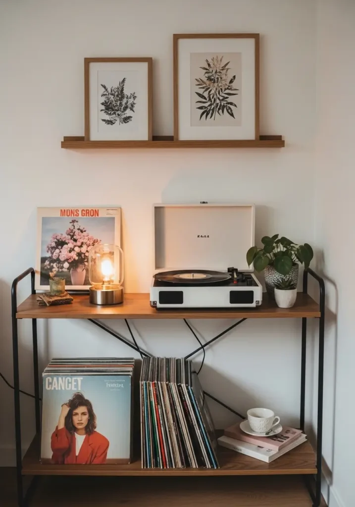 Cozy small retro apartment shelf with compact record player, neatly stacked vinyl records, cream wall, warm wood surface, tiny lamp, small plant, framed vintage art, clean minimal layout, soft feminine vintage living room style.
