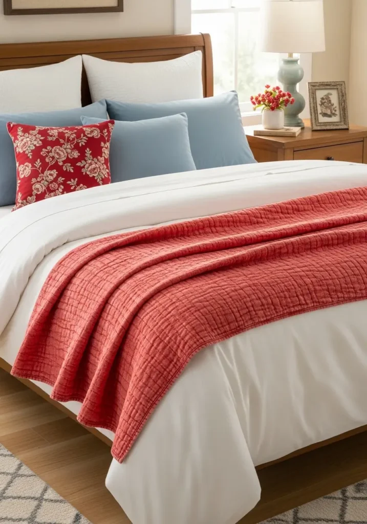 Clean minimal vintage Americana bedroom with white bedding, faded red accent quilt folded across the bed, dusty blue pillow, antique wooden bed, cream wall color, brass bedside lamp, woven rug, soft natural light, cozy country bedroom mood.