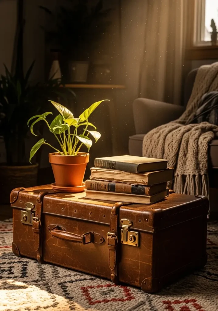 A vintage suitcase used as a side table, with stacked books and a plant on top, giving the space a relaxed, eclectic vibe.