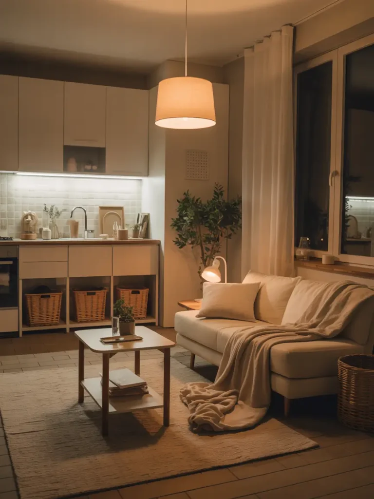 Peaceful studio apartment at night with soft warm lamp glow, neatly made bed, clear coffee table, folded throw on cream sofa, baskets tucked away, clean kitchen counter, beige rug, minimal feminine decor, cozy calm room ready for rest.