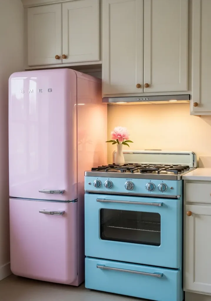 A pastel-colored retro refrigerator and stove with chrome details, set against light-colored cabinets and soft lighting.