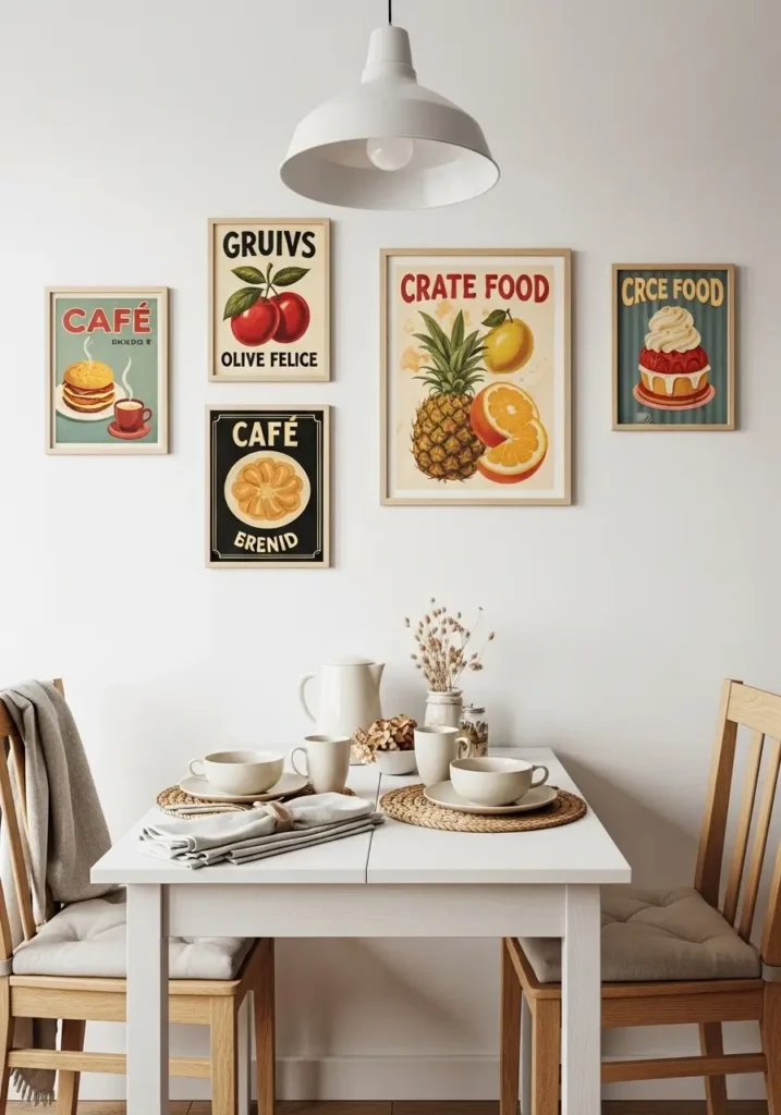 Small retro apartment kitchen corner with vintage food poster wall art, muted tomato red and butter yellow colors, tiny café table, cream walls, warm wood shelves, cozy feminine styling, minimal clean decor, soft natural sunlight, nostalgic diner-inspired artwork, retro apartment aesthetic, calm cozy atmosphere, realistic apartment photography, uncluttered layout, vintage typography prints, warm earthy accents, simple stylish kitchen setup