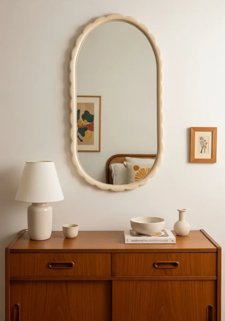 Small retro apartment entry corner with rounded vintage mirror, narrow wooden table, amber lamp, ceramic bowl, simple framed print, cream wall, clean minimal styling, warm feminine cozy mood, soft natural light, airy vintage home decor.