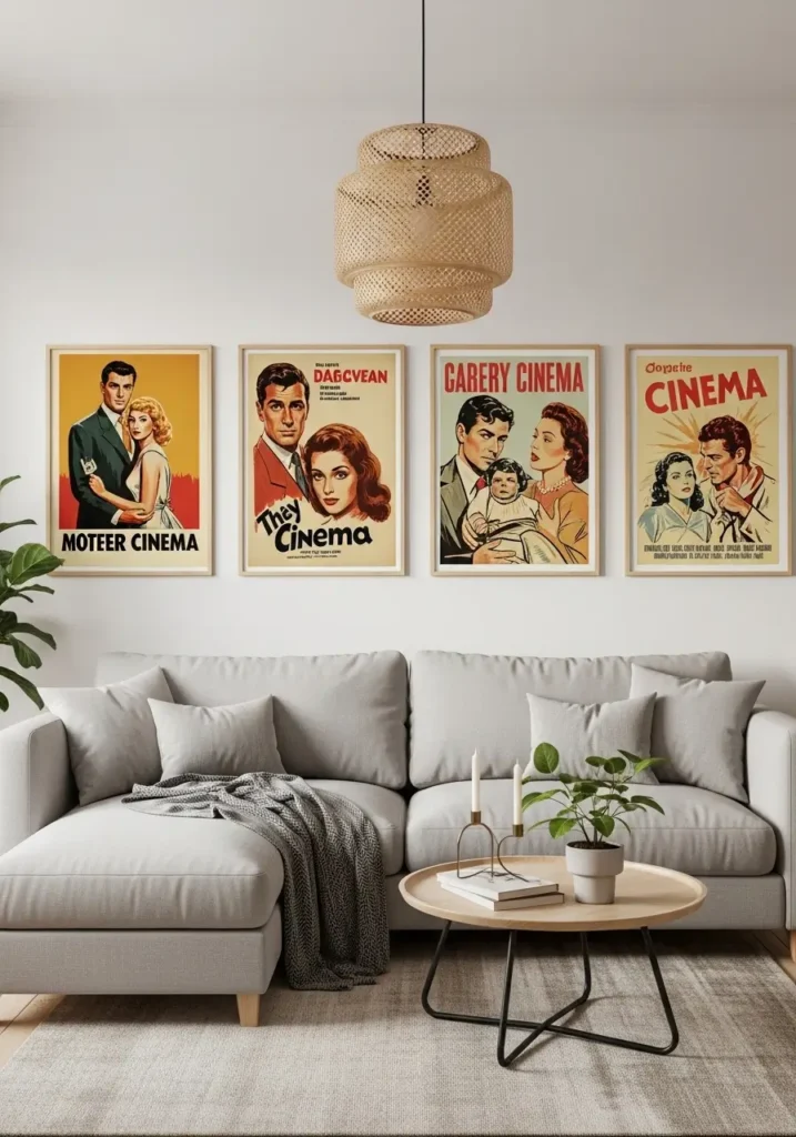 Small retro apartment living room with framed vintage movie posters, muted red and mustard tones, cream walls, low beige sofa, warm ambient lighting, cozy feminine apartment styling, natural wood furniture, soft textured rug, nostalgic cinema-inspired decor, clean minimal layout, tiny apartment aesthetic, realistic editorial interior photography, uncluttered space, warm vintage mood, subtle retro details