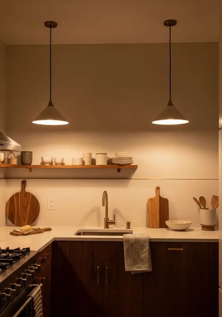 Retro mid century modern apartment kitchen with vintage pendant lighting, walnut cabinets, cream backsplash, brass fixtures, warm evening lighting, cozy apartment atmosphere, compact kitchen layout, floating shelves, realistic interior photography, feminine retro decor, muted earthy tones, clean countertops, soft shadows, warm vintage modern styling with calm uncluttered design