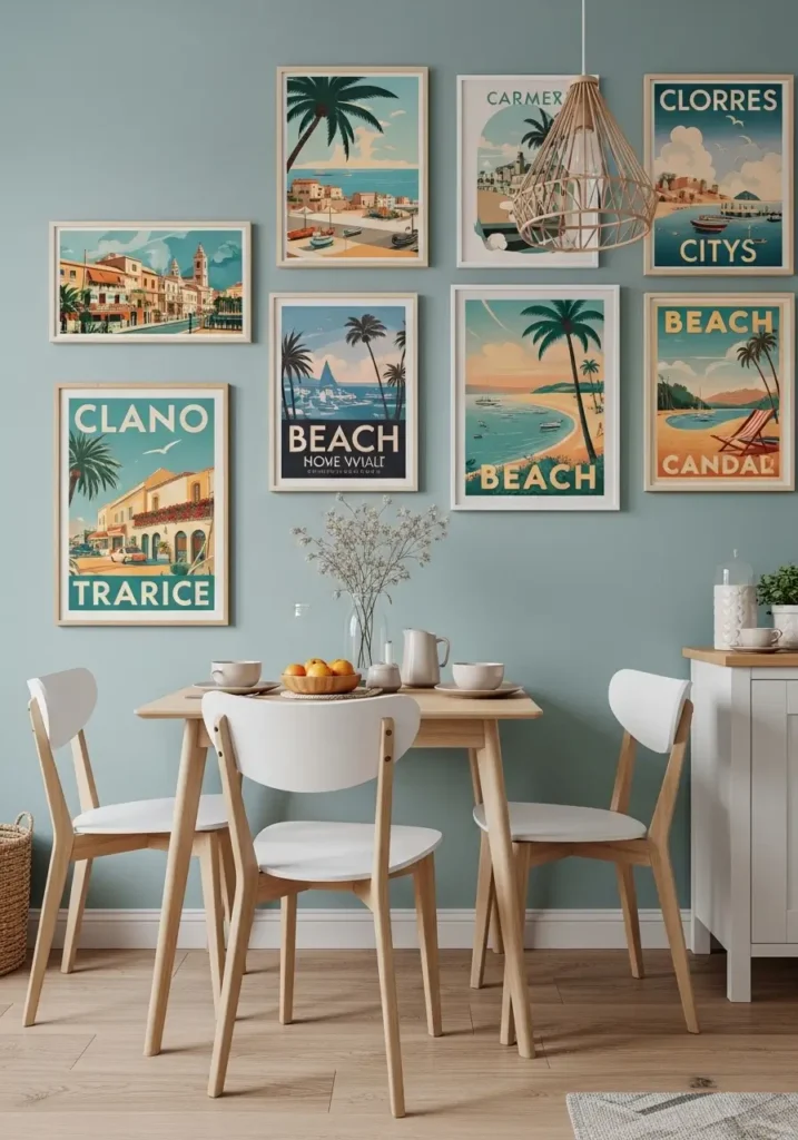 Tiny retro apartment dining nook with vintage travel poster wall art, faded coastal colors, cream walls, warm wood furniture, cozy feminine apartment styling, minimal decor, nostalgic European travel illustrations, soft natural lighting, clean uncluttered layout, realistic editorial apartment photography, warm beige and blue tones, calm vintage atmosphere