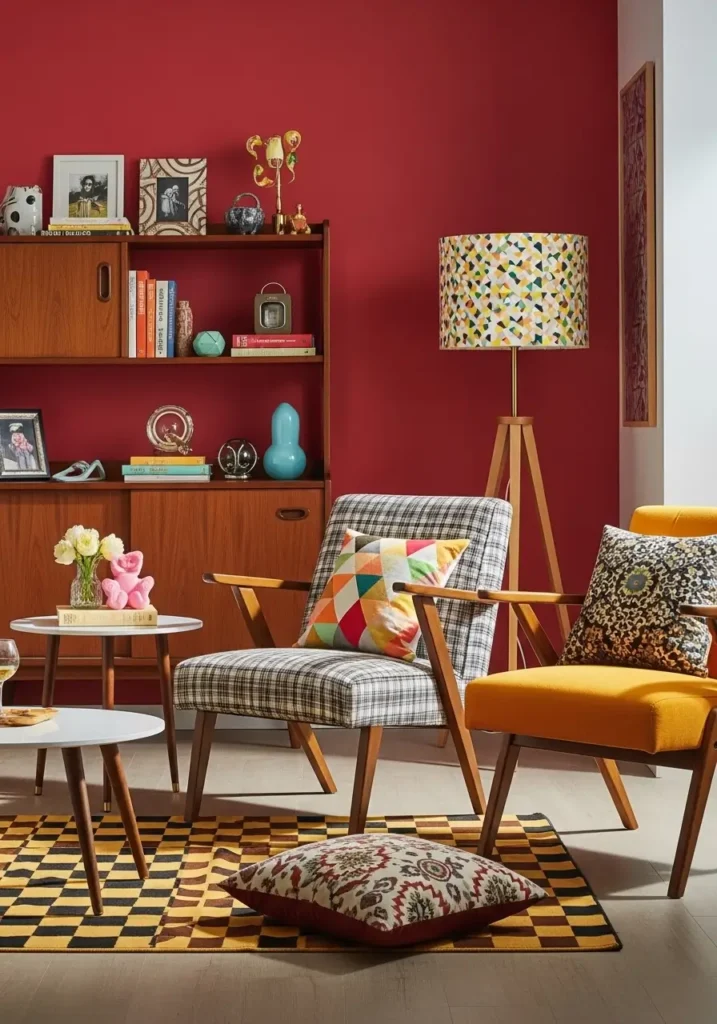 Bold colors, geometric patterns, mid-century modern furniture, and vintage decor that brings a playful, fun, and energetic feel to the space.