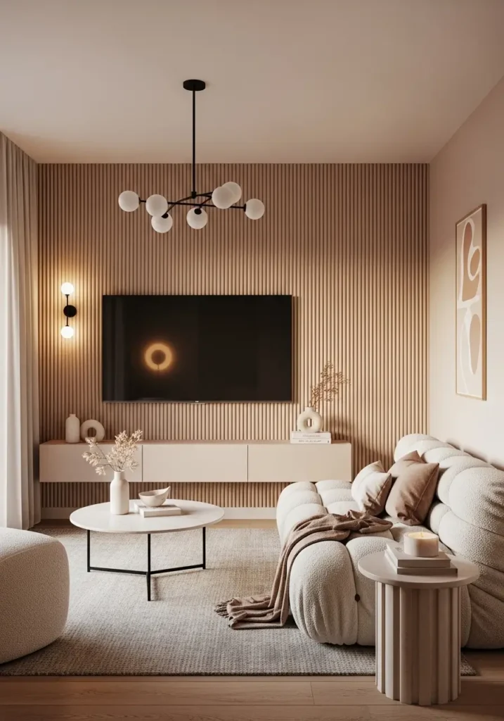 Modern apartment living room with ribbed TV wall panels in warm beige, mounted television, low floating console, cream boucle sofa, soft textured rug, round coffee table, minimal decor, warm ambient lighting, feminine cozy style, realistic interior photography, clean modern apartment layout

