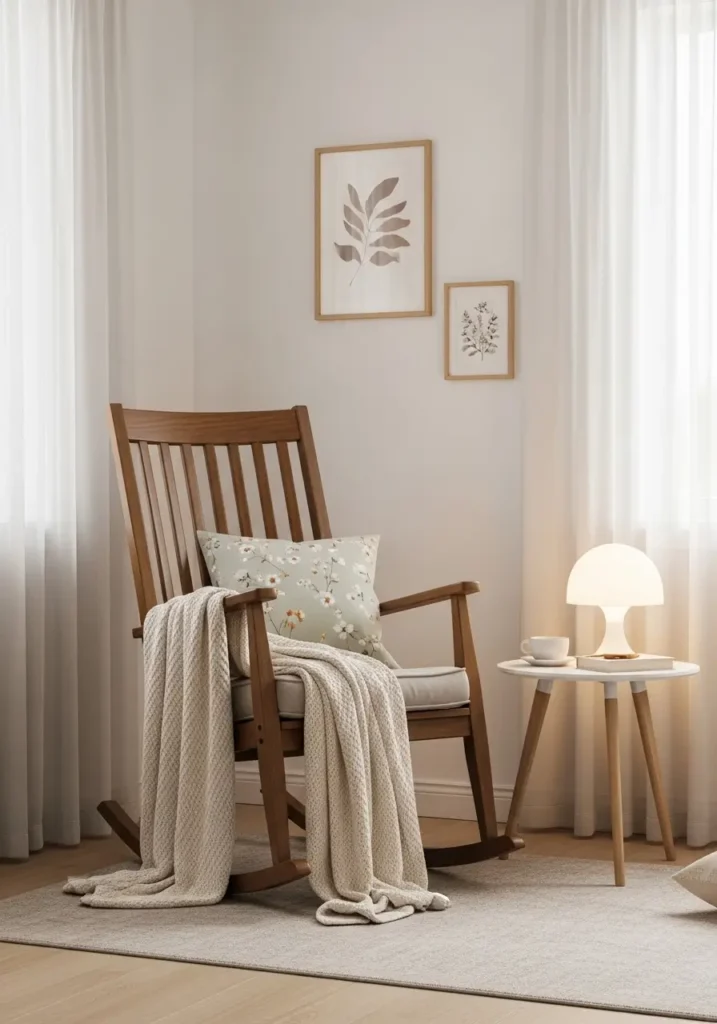 Clean minimal grandma core living room with a vintage wooden rocking chair, cream knitted blanket, pale floral cushion, soft beige rug, small round side table, warm table lamp, sheer curtains, simple wall art, calm natural light, cozy feminine vintage mood, peaceful uncluttered styling.