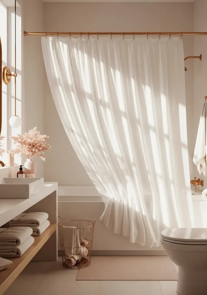 Cute bathroom with flowing soft white shower curtain, warm natural lighting, blush and cream decor accents, cozy feminine styling, minimal modern bathroom interior, fluffy towels, elegant neutral atmosphere, realistic fabric textures, airy apartment bathroom aesthetic, calm and dreamy mood, subtle gold details, clean uncluttered decor with soft shadows

