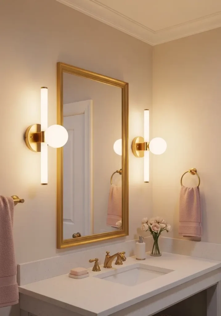 Clean minimal romantic bathroom with soft cream walls, warm gold wall sconces beside an oval mirror, white stone vanity, blush towels, small glass candle tray, pale flowers, tidy counter, gentle lighting, modern feminine decor, cozy luxury spa feeling.