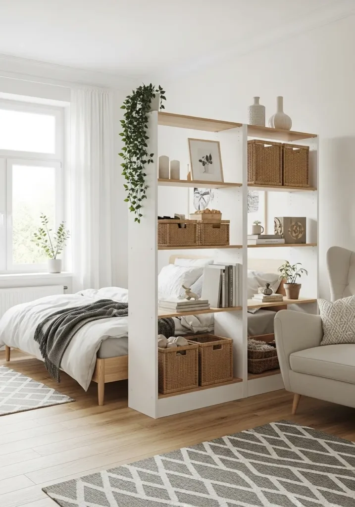 Minimal studio apartment with a slim open shelf used as a room divider between bed and loveseat, light wood frame, woven baskets, neutral books, small plants, cream rug, soft daylight, airy feminine styling, cozy open layout, realistic interior photography.