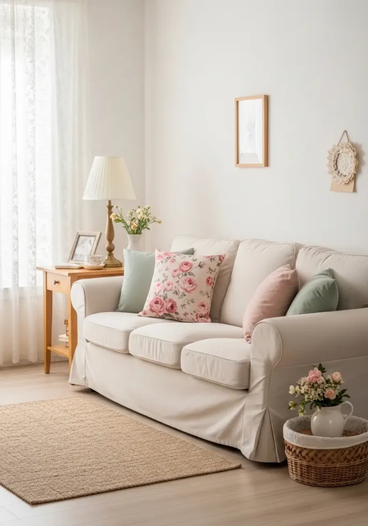 Clean minimal grandma core living room with cream linen sofa styled with rose print cushions, soft blush and sage colors, warm wood side table, vintage lamp, lace curtains, beige woven rug, small flower vase, simple framed art, gentle daylight, feminine cozy vintage styling, calm and uncluttered home mood.