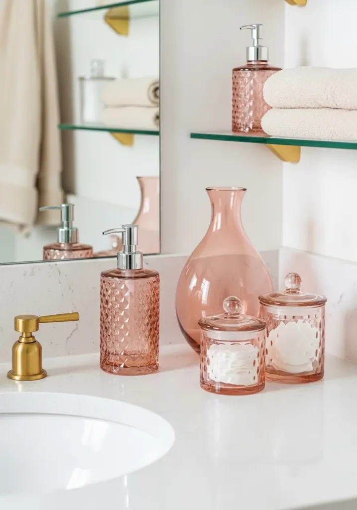 Clean minimal romantic modern bathroom with pale neutral tiles, rose tinted glass soap dispenser, blush glass vase, clear glass shelves, cream towels, brushed gold faucet, soft warm lighting, smooth white vanity, airy feminine mood, uncluttered counter, realistic luxury styling.
