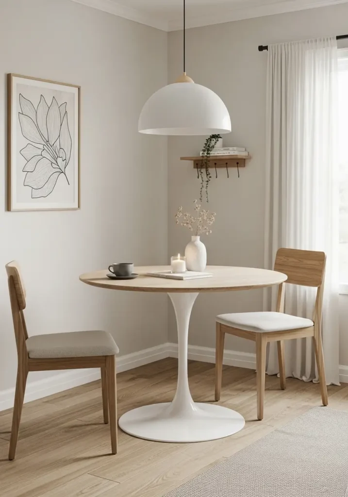 Small studio apartment dining corner with a round white pedestal table, two light wood chairs, beige cushions, simple ceramic vase, soft flowers, sheer curtains, warm neutral walls, pale woven rug, natural sunlight, clean minimal feminine styling, cozy breakfast corner mood.