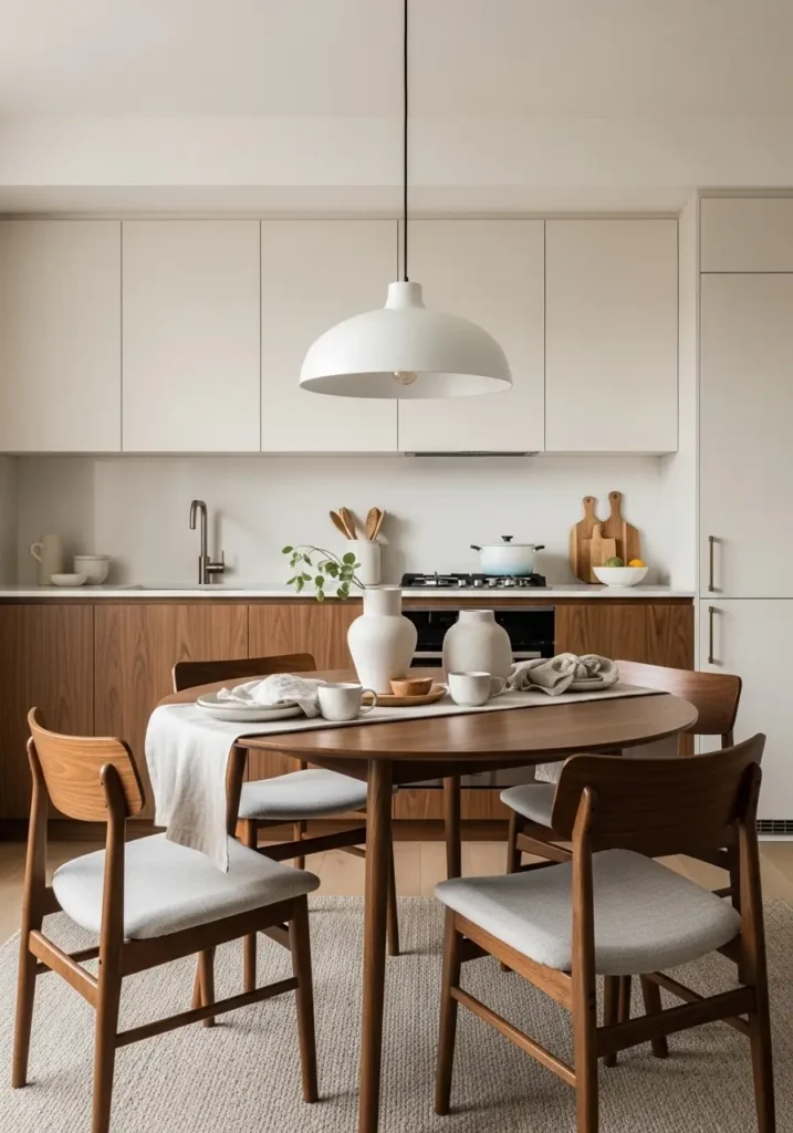 Mid century modern apartment kitchen with rounded dining table, curved wooden chairs, walnut cabinets, cream walls, retro pendant lighting, cozy breakfast area, soft natural lighting, realistic interior photography, feminine retro styling, muted earthy tones, compact apartment kitchen, uncluttered decor, warm textures, vintage inspired apartment atmosphere with calm minimal details