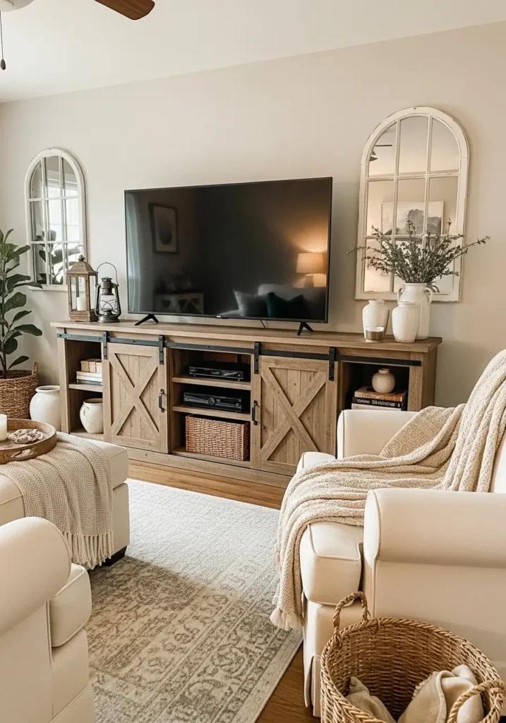 Cozy farmhouse living room with rustic barn door TV console, black flat screen television, warm wood furniture, creamy sectional sofa, woven textures, soft beige rug, natural daylight, vintage farmhouse accents, clean minimal styling, realistic rustic interior design photography, neutral layered decor, airy curtains, cozy candlelight, elegant country living room, uncluttered peaceful atmosphere, light wood flooring, soft earthy palette

