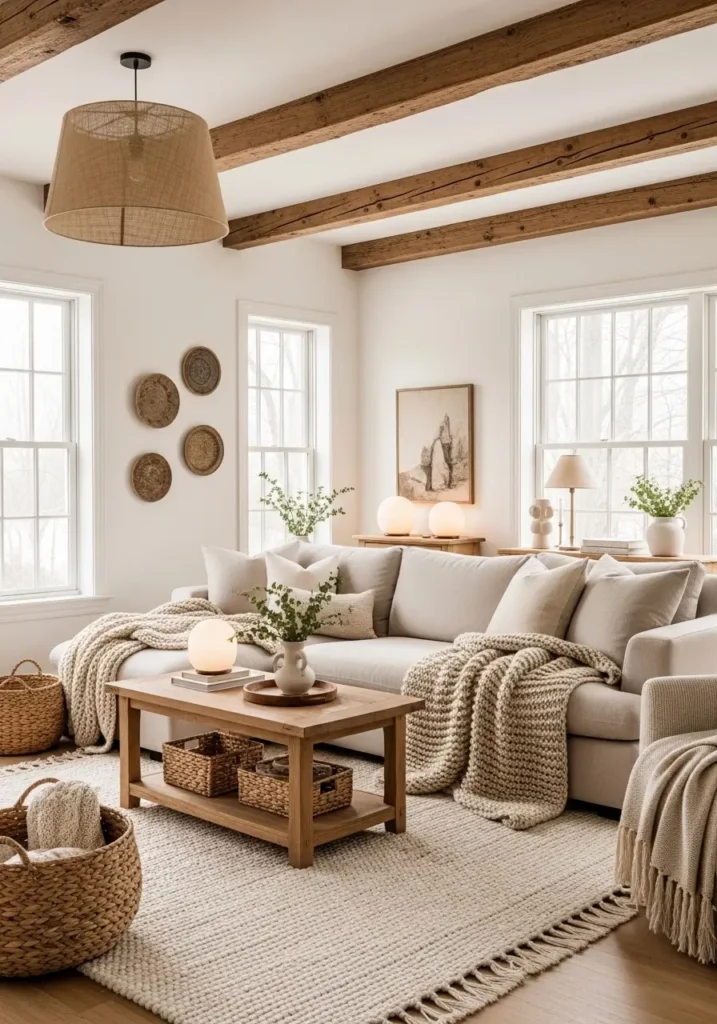 Rustic farmhouse living room with exposed wooden ceiling beams, creamy white walls, soft beige sectional sofa, oversized knit blankets, warm oak coffee table, woven baskets, vintage wall decor, soft glowing lamps, natural sunlight through large windows, cozy layered textures, warm neutral palette, minimal rustic styling, airy farmhouse interior, feminine cozy atmosphere, realistic interior photography, peaceful inviting mood, textured cream rug, subtle greenery accents