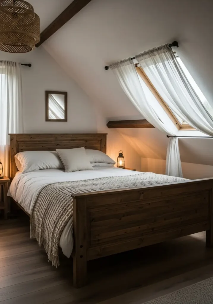 Cozy slanted roof bedroom with rustic reclaimed wood bed frame, soft beige bedding layered with chunky knit blankets, warm cream walls, exposed cottage beams, vintage lantern lighting, tiny attic windows with sheer curtains, natural wood flooring, minimal countryside decor, woven textures, calming neutral palette, soft sunset glow entering room, realistic cottage bedroom styling, uncluttered feminine interior, peaceful warm atmosphere, cozy attic retreat, timeless rustic details, soft shadows, airy but intimate mood

