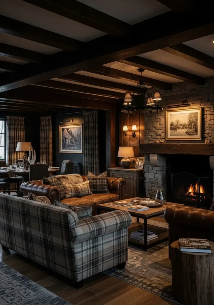 Dark wood beams, cozy leather furniture, plaid accents, and warm lighting that creates a welcoming atmosphere. A stone fireplace adds a rustic touch.