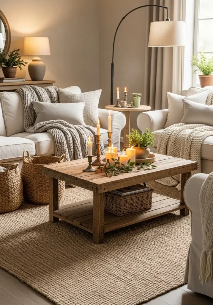 Cozy farmhouse living room centered around a rustic reclaimed wood coffee table, soft cream sectional sofa, layered knit blankets, warm beige rug, vintage candle holders, woven baskets, warm ambient lighting, natural sunlight, soft earthy color palette, clean farmhouse styling, feminine rustic decor, realistic interior photography, peaceful, inviting atmosphere, airy room layout, textured neutral fabrics, subtle greenery accents