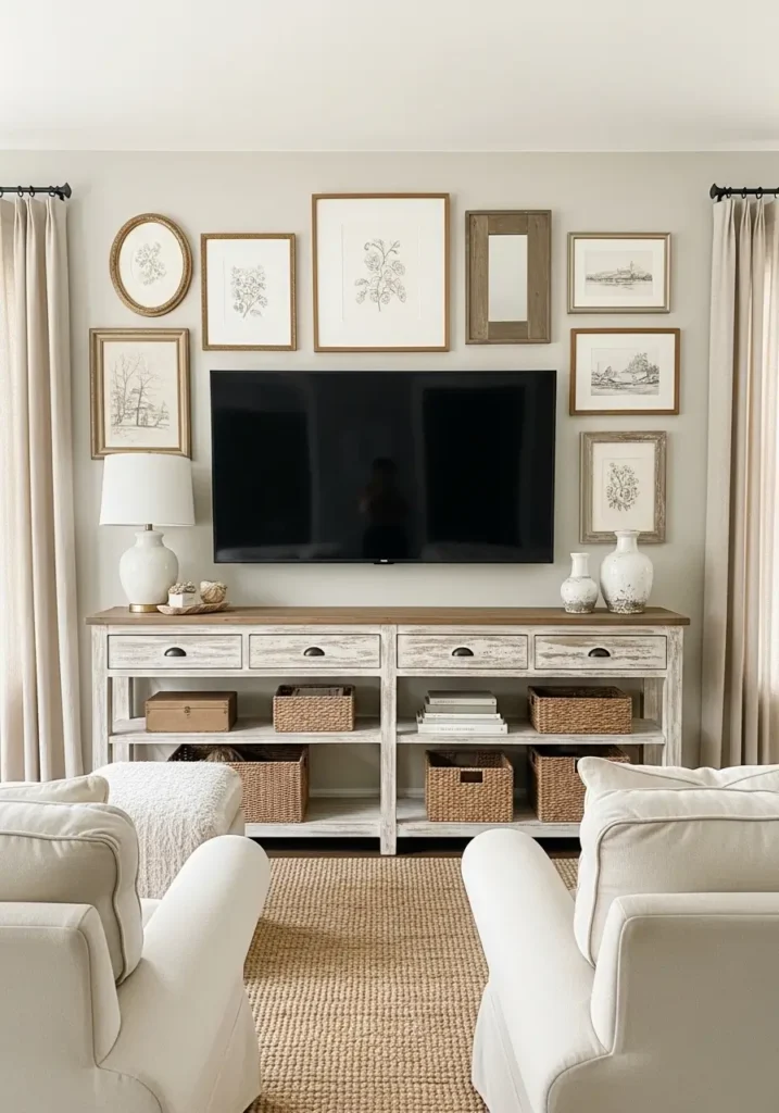 Farmhouse living room with TV blended into rustic gallery wall, vintage wood frames, soft beige sofa, distressed console table, woven rug, cream curtains, warm ambient lamps, clean minimal country styling, realistic interior photography, cozy neutral tones, subtle greenery, layered textures, peaceful family room, charming rustic wall decor, calm, inviting atmosphere

