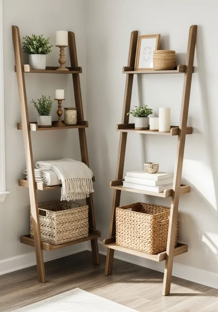 Bright farmhouse living room corner with rustic ladder shelf leaning against white wall, folded linen blankets, vintage books, woven baskets, small ceramic decor, warm sunlight, neutral earthy palette, cozy farmhouse styling, clean airy layout, realistic interior photography, feminine calm atmosphere, light oak floors, layered textures, subtle greenery, minimal rustic decor, peaceful welcoming room mood

