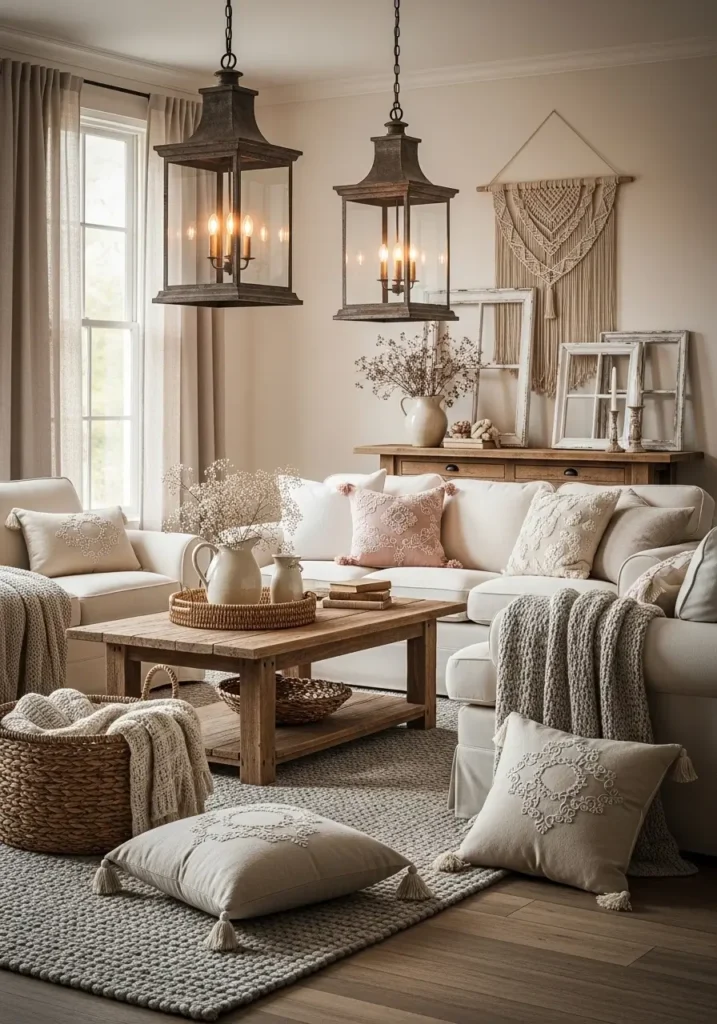 Rustic farmhouse living room with large lantern pendant lights, warm glowing ambiance, cream sectional sofa, reclaimed wood furniture, soft textured rug, woven decor accents, vintage farmhouse styling, warm neutral palette, airy rustic interior, realistic cozy home photography, feminine decor details, peaceful evening atmosphere, layered soft fabrics, inviting comfortable room setting