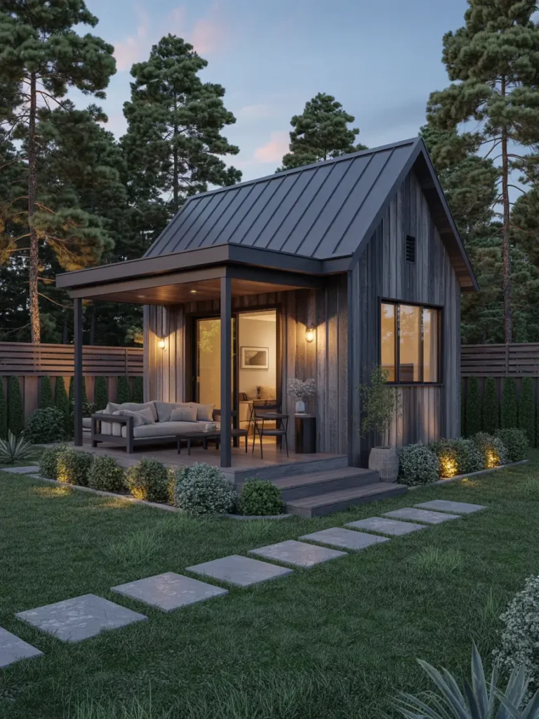 Rustic modern detached garage apartment in a small backyard, dark wood siding, black metal accents, cozy lighting, compact porch, warm interior glow, stone pathway, tiny landscaped backyard, stylish cabin-inspired architecture, elegant minimal outdoor decor, realistic photography, peaceful suburban atmosphere