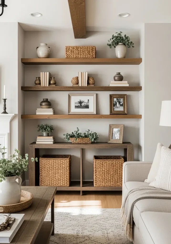 Farmhouse living room with rustic floating wood shelves on soft white wall, vintage books, ceramic vases, woven baskets, framed farmhouse artwork, warm neutral palette, natural sunlight, cozy layered textures, clean airy styling, light oak flooring, soft linen curtains, minimal rustic decor, realistic interior photography, feminine cozy atmosphere, subtle greenery, warm wood grain details, calm uncluttered room design

