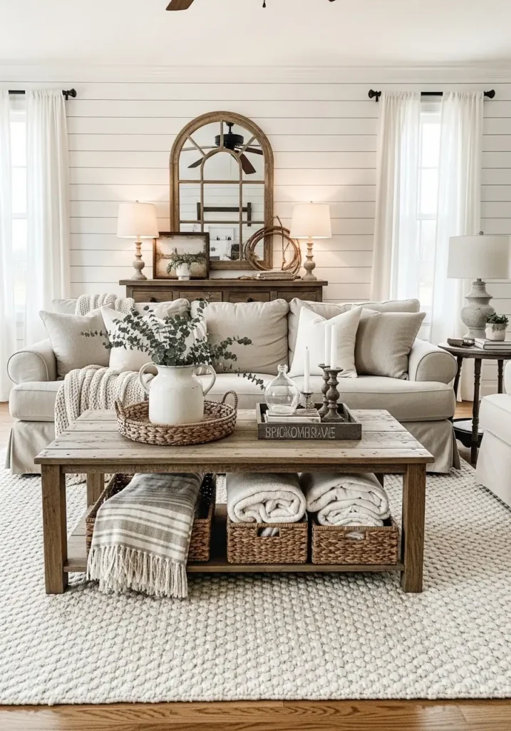 Rustic farmhouse living room with white shiplap walls, oversized beige sofa, reclaimed wood coffee table, warm layered blankets, woven baskets, vintage farmhouse decor, warm ambient lighting, textured cream rug, soft neutral palette, airy feminine styling, realistic interior photography, peaceful cozy atmosphere, natural wood accents, inviting farmhouse home design