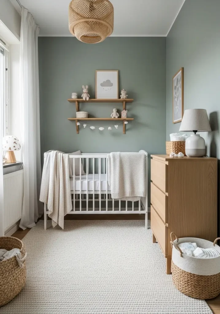 Tiny apartment nursery with muted sage green walls, compact white crib, floating wooden bookshelf, soft cream rug, woven textures, minimal apartment styling, warm natural lighting, delicate baby decor, light oak furniture, cozy layered fabrics, Scandinavian inspired nursery design, uncluttered small room layout, peaceful feminine atmosphere, realistic cozy photography, airy apartment baby room, elegant storage solutions, soft calming tones

