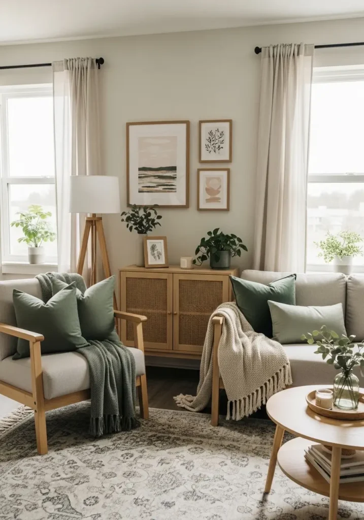 Minimal sage green college apartment living room with cozy light sofa, soft green pillows, wooden coffee table, natural sunlight through sheer curtains, clean feminine decor, modern student apartment styling, tiny plants on shelves, textured neutral rug, warm cozy atmosphere, airy layout, soft earthy tones, aesthetic wall art, Scandinavian inspired apartment decor, realistic interior photography, calm relaxing mood, minimal clutter

