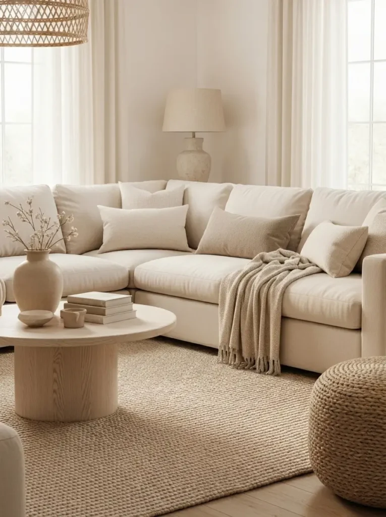 Relaxing coastal living room in sandy neutral tones, creamy sectional sofa, beige textured rug, pale wood coffee table, woven decor, soft sunlight through sheer curtains, minimal beach house styling, airy feminine interior, warm ivory walls, natural linen textures, subtle coastal accents, cozy and calm atmosphere, layered neutral pillows, elegant modern seaside decor, bright and welcoming coastal living space


