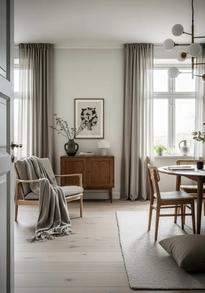 Light-colored wooden floors, simple yet stylish furniture, and natural textures like wool throws, linen curtains, and a statement light fixture. Clean lines and neutral tones dominate the room.