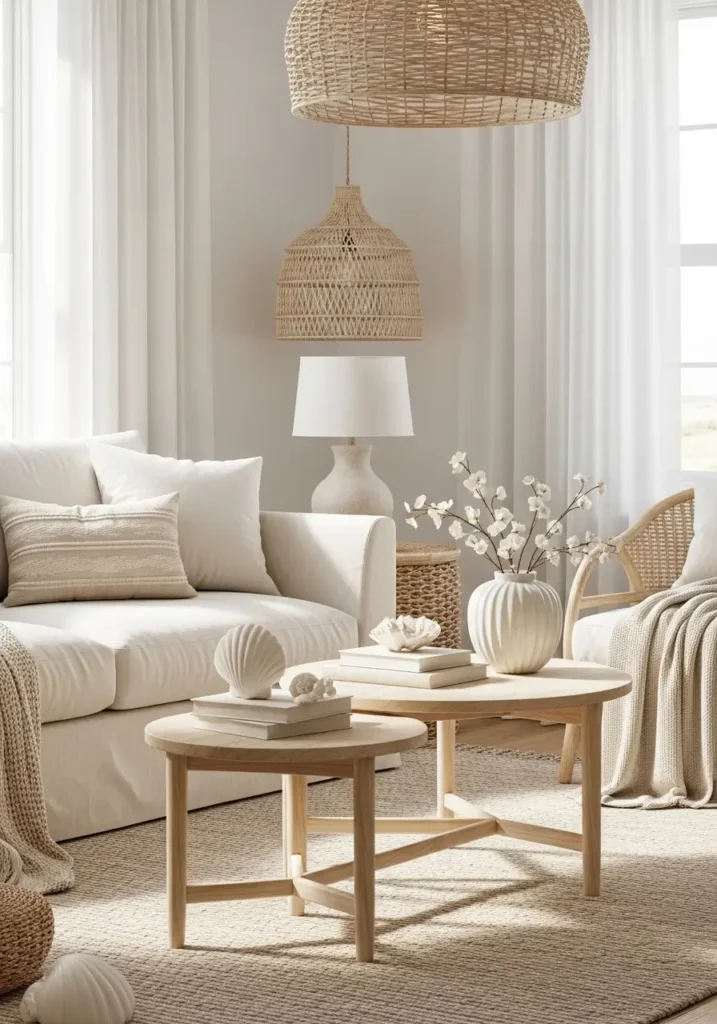 Relaxing coastal living room with subtle seashell decor, creamy sofa, woven coastal accents, pale wood tables, airy white curtains, soft ocean inspired palette, beach house styling, warm sunlight, minimal feminine decor, sandy neutral rug, clean seaside atmosphere, layered textures, elegant beach inspired interior with calm and cozy details

