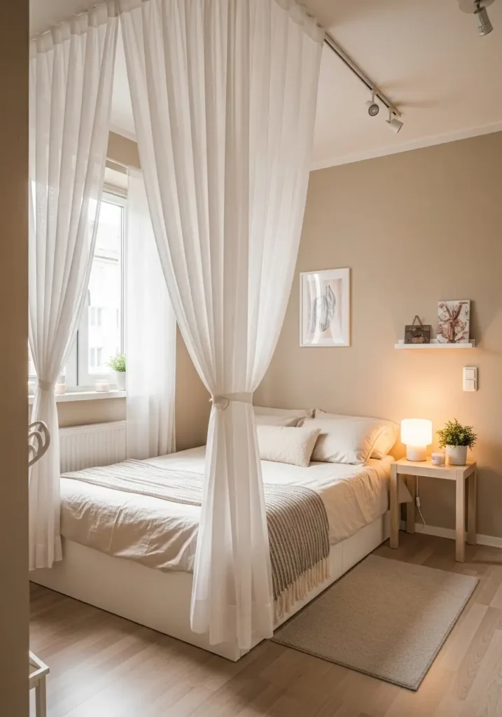 Clean minimal micro studio apartment with a soft sheer white curtain used as a room divider around a low bed, warm beige walls, pale wood floor, cream bedding, tiny side table, soft lamp glow, airy feminine styling, uncluttered layout, cozy natural light, calm city apartment mood.