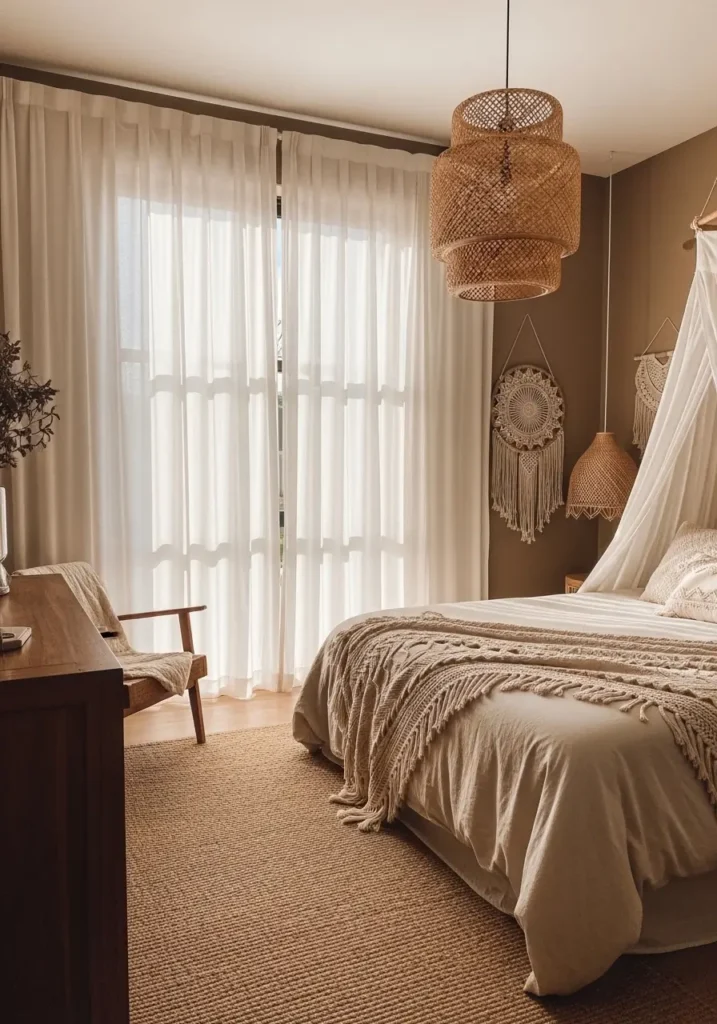 Dreamy calm boho bedroom with flowing sheer white curtains, warm sunlight glowing through windows, cream bedding, light wood furniture, textured neutral pillows, minimal decor styling, soft shadows across wooden flooring, ceramic vases, peaceful feminine atmosphere, airy boho aesthetic, woven accents, clean minimal interior, natural lighting, warm beige and ivory palette, cozy relaxing bedroom photography with soft earthy details

