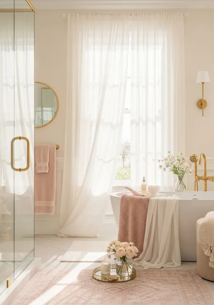 Clean minimal luxury feminine bathroom with sheer white curtains near a bright window, freestanding tub, cream stone floor, blush rug, brushed gold bath fixture, soft flowers, candle tray, warm daylight, uncluttered modern romantic styling, airy spa inspired mood.