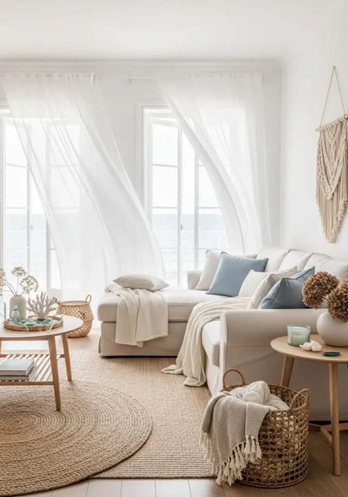 Relaxing coastal living room with flowing sheer white curtains, large open windows, creamy sectional sofa, sandy beige rug, woven coastal decor, pale wood furniture, soft ocean-inspired accents, bright natural lighting, airy feminine styling, clean beach house interior, minimal decor, peaceful neutral tones, light cotton textures, cozy relaxed atmosphere, soft blue pillows, elegant and fresh seaside-inspired living room

