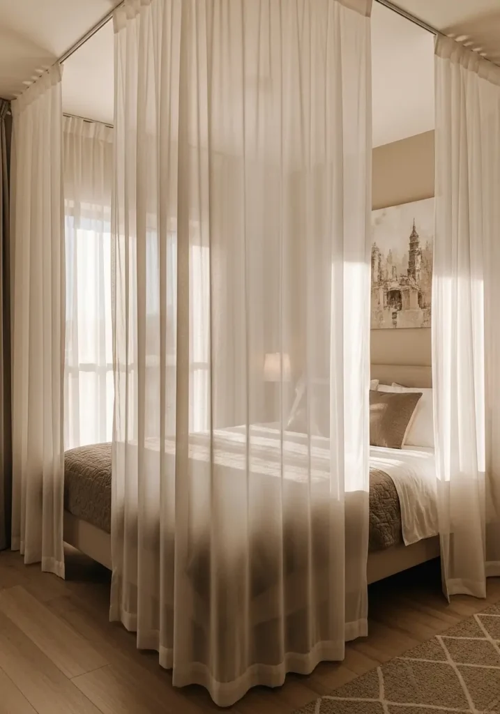 Minimal studio apartment with sheer white fabric panel divider around cozy bed area, soft beige bedding, warm sunlight through curtains, airy feminine apartment decor, Scandinavian style small apartment, light wood textures, realistic interior photography, calm neutral palette, layered soft blankets, peaceful couple apartment styling, uncluttered room layout, glowing ambient lighting, modern cozy apartment atmosphere with elegant soft fabric details

