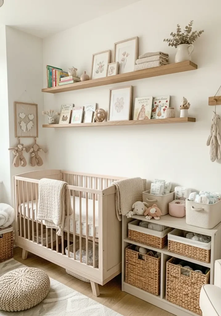 Tiny apartment baby nursery with full floating shelf wall above compact crib, soft cream walls, warm beige and white nursery decor, woven storage baskets, neutral cotton bedding, natural oak shelves, cozy apartment lighting, Scandinavian minimal design, realistic feminine nursery styling, airy uncluttered layout, delicate baby decor, soft textures, peaceful small space atmosphere, elegant apartment nursery photography

