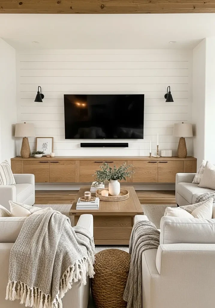 Minimal farmhouse living room with white shiplap TV wall, warm oak floating console, soft ivory sofa, textured knit blankets, neutral decor styling, rustic wood beams, natural daylight through large windows, cozy layered rugs, realistic modern farmhouse photography, calm airy atmosphere, elegant rustic details, uncluttered room layout, warm ambient lighting, woven accents, peaceful family living space

