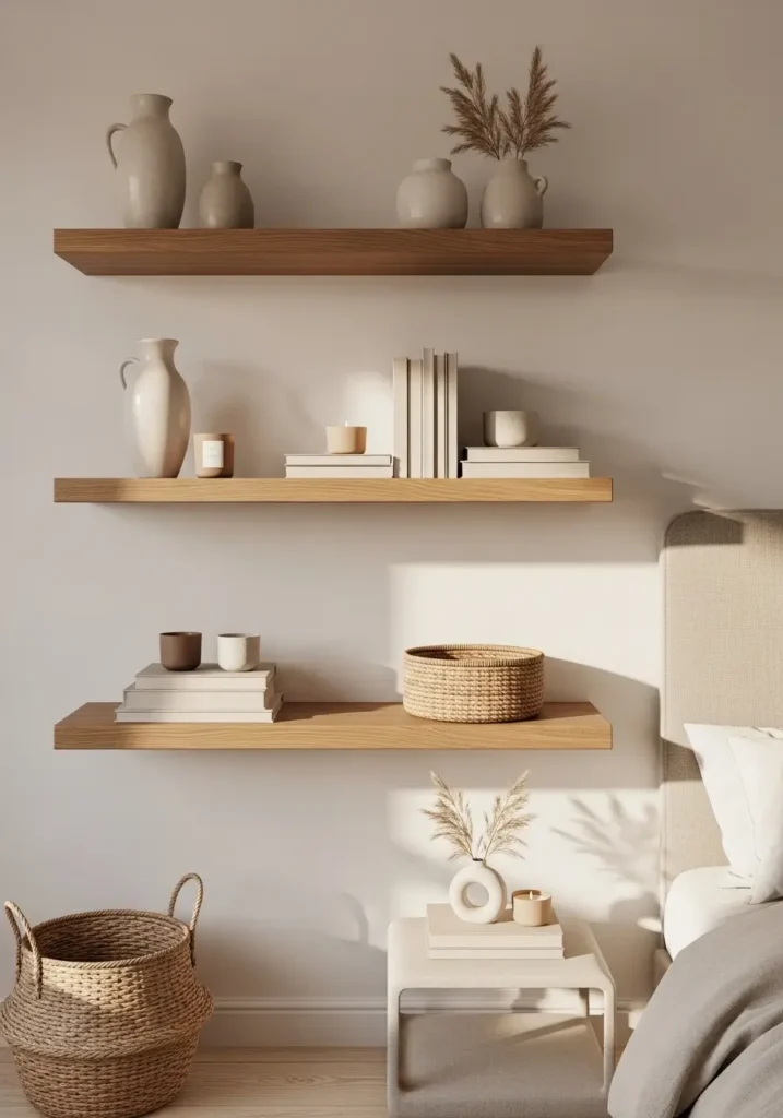 Clean calm boho bedroom with floating wooden shelves, neutral decor styling, ceramic vases, stacked linen books, woven basket accents, cream bedding, warm sunlight, light wood furniture, minimal earthy palette, cozy feminine atmosphere, airy uncluttered boho interior, soft shadows, peaceful modern bedroom styling, natural textures and dreamy relaxing retreat aesthetic

